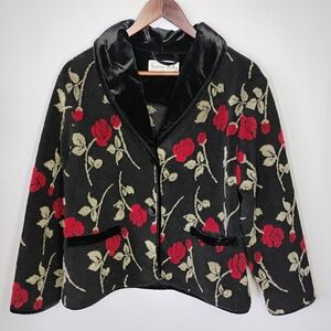 Vtg Victoria Holley Sherpa Jacket Womens Medium Black Red Rose Velvet Whimsigoth